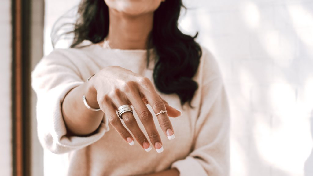 Model wearing Personalized rings 